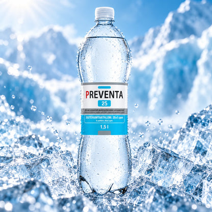 Preventa 25 water specifications showing 25 ppm deuterium and 1.5 litre bottle size